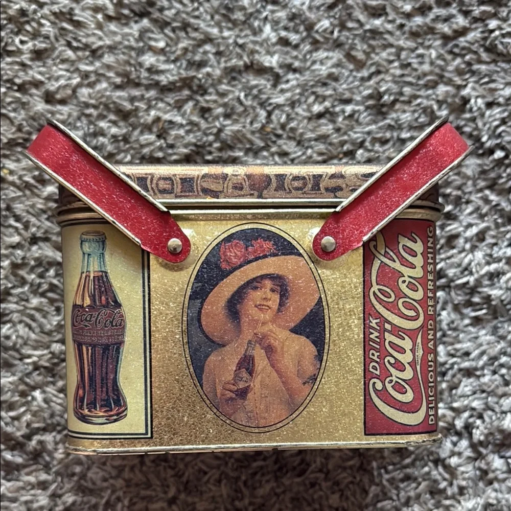 Vintage Coca Cola - Tin Box With Lid & Handle - Lady Holding Coke in Hand